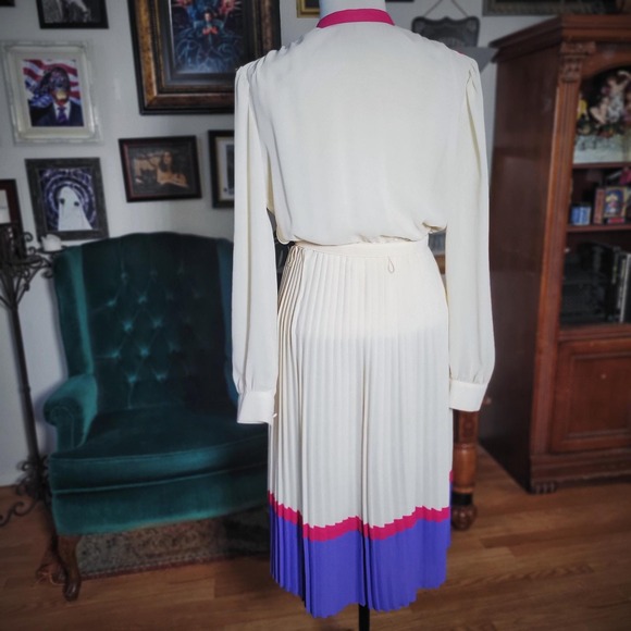 Vintage 80s Rothschild San Francisco Pleated Midi Dress Belted Pink Purple S - Picture 5 of 8